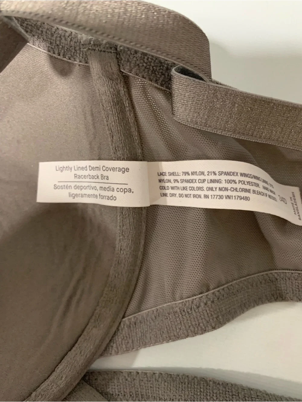 Auden Lace Grey Racerback Underwire Bra - Size 34D